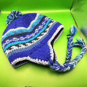 Gypsy Rose Handmade Knit Beanie Hat Chullo Fleece Lined Pom Braids Peruvian Boho
